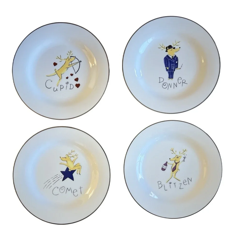 Lot‎ of 4 Pottery Barn Reindeer Salad Plates Cupid Donner Blitzen Comet